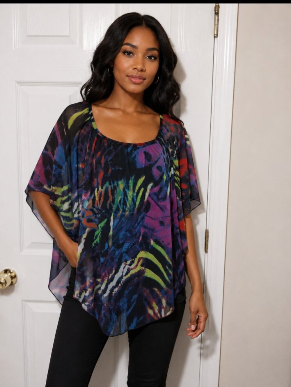 New Direction  colorful Abstract Print chiffon Overlay Blouse size Xl